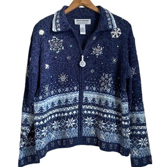 Heirloom Collectible Holiday Sweater Jacket Blue Snowflake Zip Up Size XL Beaded - Picture 1 of 11